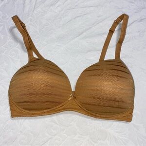 Hanes 34C Wireless Soft Cup Bra Golden Brown Striped Shiny Sports Molded Light